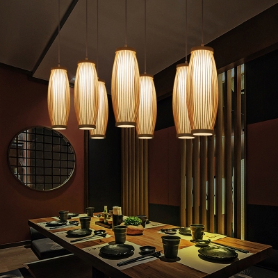Elongated Oval Pendant Light Contemporary Bamboo Single-Bulb Tea Room Suspension Light Fixture in Wood
