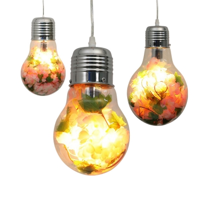 Farm Style Bulb Shape Pendant Light 1 Head Clear Glass Ceiling Lamp with Decorative Flower