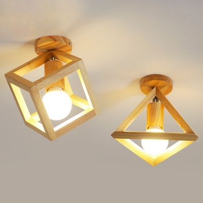 Geometric Cage Style Aisle Ceiling Lamp Wooden 1-Bulb Nordic Semi Flush Mount Light