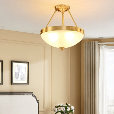 Gold Bowl Shade Semi Flush Traditional Cream Glass Bedroom Flush Ceiling Light Fixture