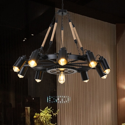 Industrial-Style Gear Chandelier Metallic Spotlight in Black with Hanging Rope and Cylinder Shade
