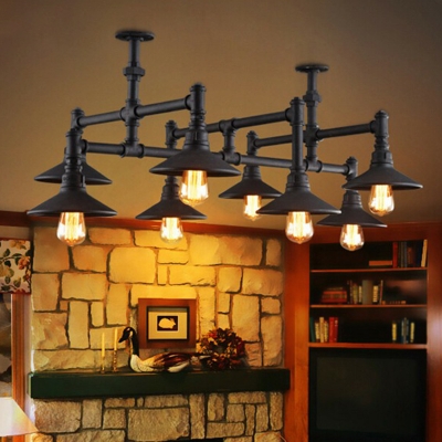 Iron Matte Black Chandelier Water Pipe Industrial Style Hanging Light with Flared Shade