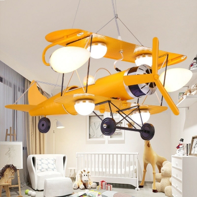 Jet Plane Child Room Chandelier Lamp Metallic Modern LED Hanging Lighting in Yellow