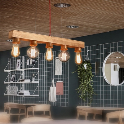 Linear Dining Room Island Lighting Wooden 5 Bulbs Minimalist Pendant Light with Exposed Bulb Design