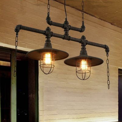 Matte Black Flared Island Light Fixture Industrial Iron Restaurant Hanging Lamp with Wire Cage