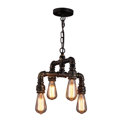 Metal Bronze Finish Pendant Chandelier 2-Tiered Pipe 4 Bulbs Steampunk Hanging Light