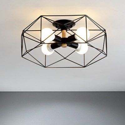 Metal Cage Polygon Semi Flush Light Industrial Living Room Close to Ceiling Lighting Fixture