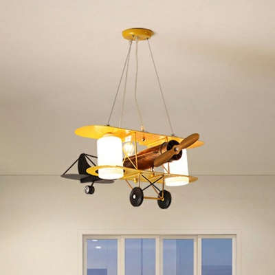 Metallic Biplane LED Chandelier Kid 2-Light Yellow Hanging Lamp with Cylindrical Frosted Glass Shade