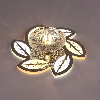 Modern Leafy Flower LED Flushmount Light Clear Crystal Foyer Ceiling Light in Stainless Steel