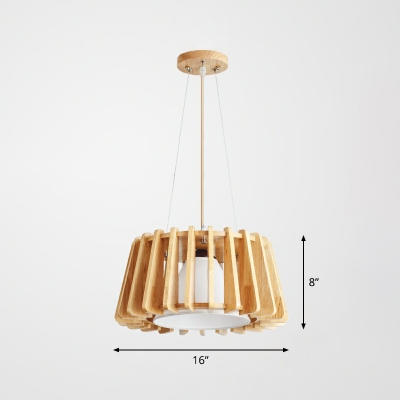 Modern Tapered Drum Pendant Lighting Wood Slat 1 Head Dining Room Hanging Lamp with Cone Shade Inside