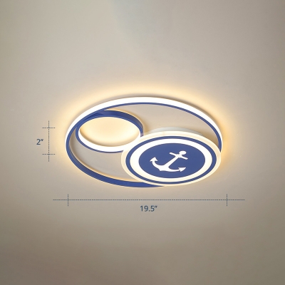 Nautical Circular LED Flush Ceiling Light Acrylic Kids Bedroom Flush Mount Light with Anchor Pattern in Blue-White
