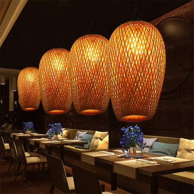 Nordic Style Handmade Ceiling Light Rattan 1 Bulb Restaurant Hanging Lamp in Wood