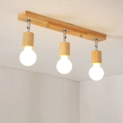 Open Bulb Design Wood Flush Mount Spotlight Nordic Adjustable Semi Flush Mount Ceiling Light Fixture