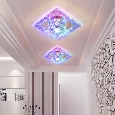 Passageway LED Flush Light Modern Stainless Steel Ceiling Fixture with Square Clear Crystal Shade