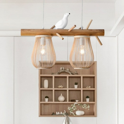 Pear-Shaped Cage Island Light Asian Wooden Dining Room Suspension Pendant with Bird Decor