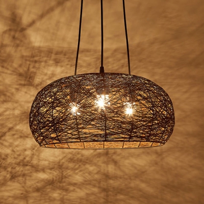 Rattan Nest Suspension Light Fixture Rustic 3-Head Pendant Chandelier for Dining Room