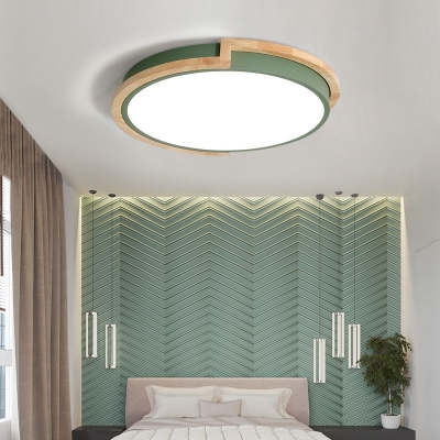 Round Bedroom Flush Mount Ceiling Light Metal Nordic LED Flushmount Light with Wood Decoration