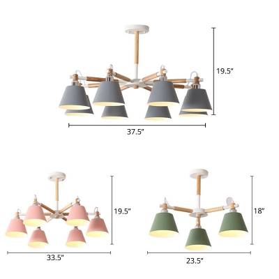 Tapered Chandelier Lighting Fixture Macaron Metal Bedroom Pendant Lamp with Wooden Rod