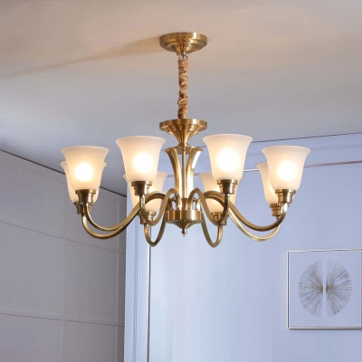 Traditional Style Bell Shade Chandelier Opal Frosted Glass Ceiling Light in Brass for Living Room