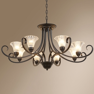 Vintage Scrolling Pendant Lighting Metal Chandelier with Flared Blown Rib Glass Shade in Black