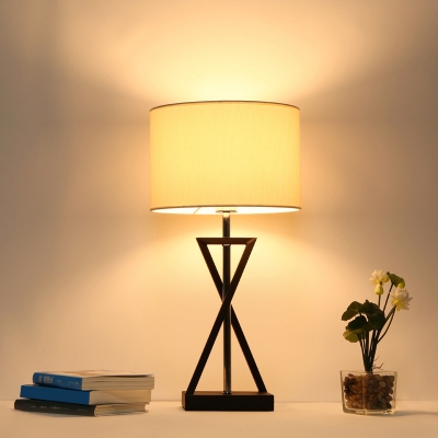 White Drum Table Lighting Minimalist 1 Bulb Fabric Nightstand Lamp with Hourglass Shaped Base