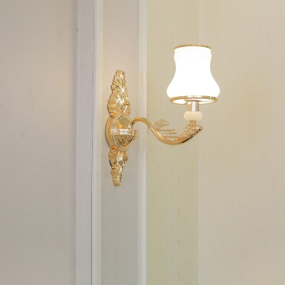 White Glass Curve Shape Sconce Lighting Traditional Bedside Walll Lamp with Carved Arm