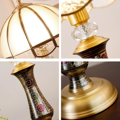 White Glass Hemispherical Table Light Antique 1-Light Bedroom Night Lamp with Scalloped Edge in Brass