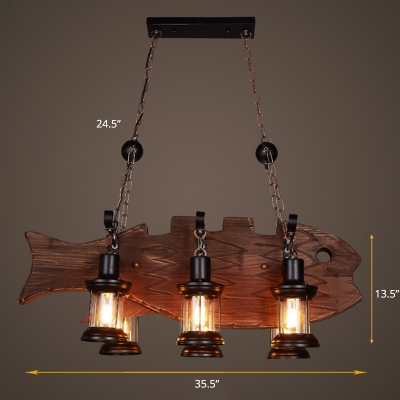 Wooden Fish Shaped Pendant Lighting Coastal 6-Light Restaurant Island Light with Lantern Shade
