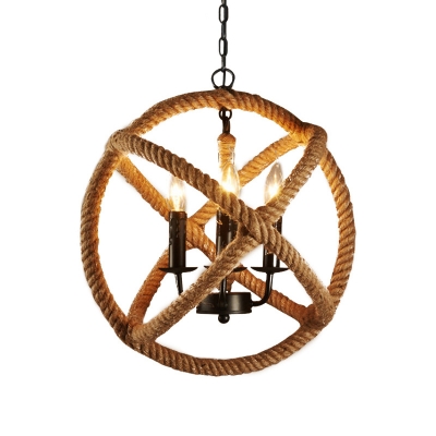 3 Lights Chandelier Pendant Rustic Interlocking Rings Rope Hanging Lamp in Flaxen