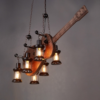 6-Bulb Island Pendant Light Antique Kerosene Lantern Iron Ceiling Light with Distressed Wood Guitar