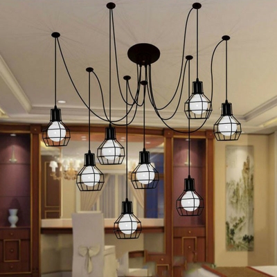 8-Head Swag Pendant Light Industrial Bedroom Multi Lamp Ceiling Light with Ball Iron Cage in Black