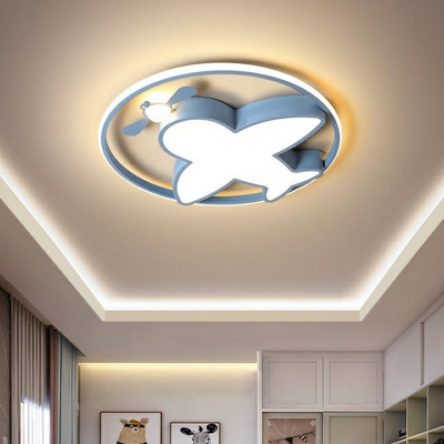 Airplane LED Ceiling Light Cartoon Acrylic Kids Room Flush Mounted Lighting with Metal Ring