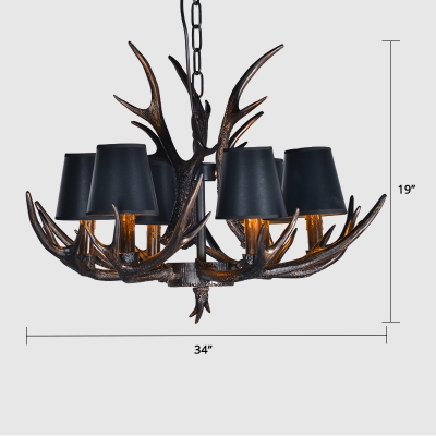 Antler Bistro Chandelier Rustic Resin Black Pendant Light with Conical Fabric Shade