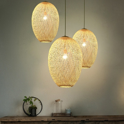 Bamboo Weaving Oval Drop Pendant Asian 1-Bulb Wood Hanging Light Fixture for Stairs
