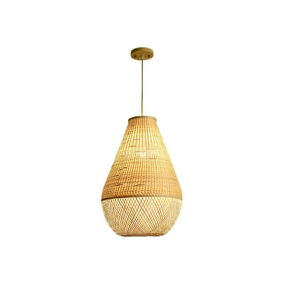 Beige Teardrop Shaped Hanging Lamp Chinese Style 1 Head Bamboo Ceiling Light for Tearoom