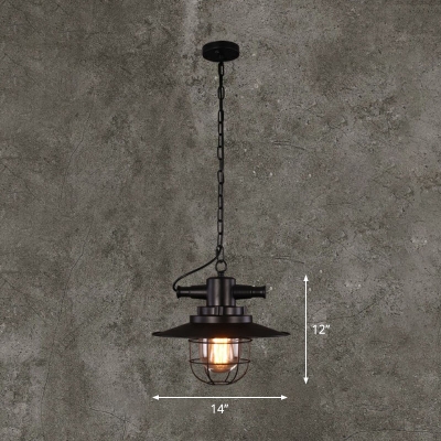 Black Saucer Hanging Light Fixture Industrial Metal Single Dining Room Drop Lamp with Cage