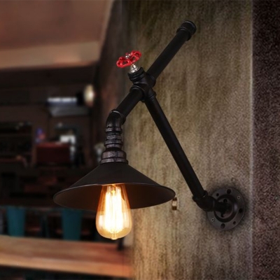 Black V-Arm Wall Mounted Light Industrial Iron 1-Light Bistro Sconce Lamp with Cone Shade and Valve Deco