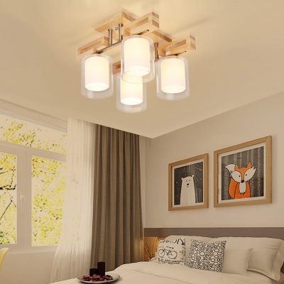 Clear and White Glass Cylinder Semi Flush Light Modern Wood Ceiling Fixture for Living Room