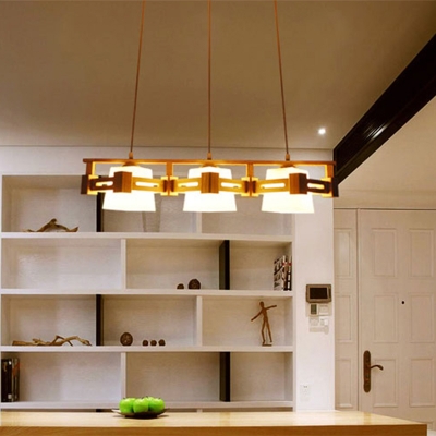 Contemporary 3-Light Island Pendant Wood Linear Hanging Light with Cream Glass Shade