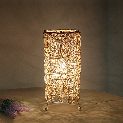 Cylindrical Bedside Table Lamp Rattan 1-Light Asian Night Lighting with Tripod Stand
