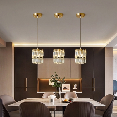 Cylindrical Restaurant Hanging Lamp Tri-Sided Crystal Prism Modern Ceiling Light in Gold