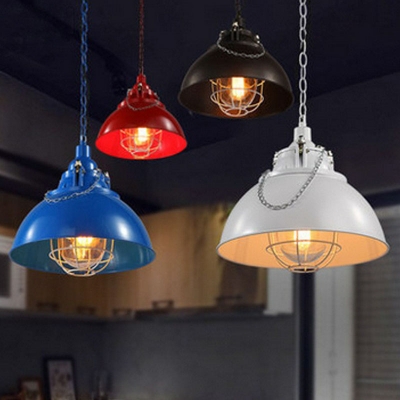 Dome Bistro Pendant Light Kit Loft Metallic 1 Bulb Hanging Light with Chain Handle and Cage
