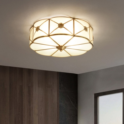 Drum Cream Glass Flush Light Simplicity Corridor Flush Ceiling Light Fixture in Brass