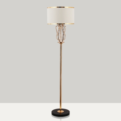 Drum Shade Living Room Floor Lamp Vintage Fabric Single-Bulb Brass Standing Lighting