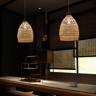 Elongated Rattan Ceiling Light Modern Single Wood Hanging Pendant Light for Restaurant