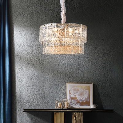 Faceted Cut Clear Glass Drum Chandelier Modern Style Suspension Light with Crystal Drapes