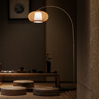 Fishing Rod Floor Light Asia Bamboo 1 Head Tearoom Floor Lamp with Lantern Shade in Wood