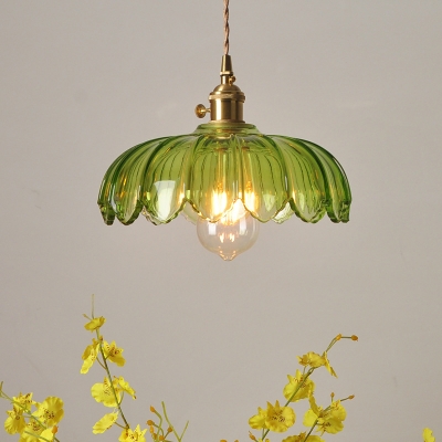 Floral Ribbed Glass Suspension Lighting Retro Style 1 Head Dining Room Pendant Ceiling Light in Gold