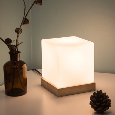 Frosted White Glass Cube Night Light Simple 1-Light Table Lighting with Wooden Base