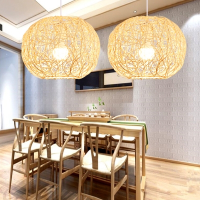 Geometric Restaurant Pendant Light Bamboo Single-Bulb Contemporary Suspension Light Fixture in Wood